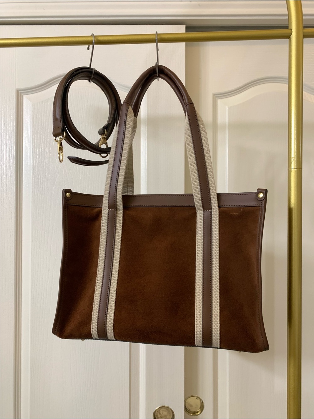 Brown Suede & Leather Tote Bag with Canvas Contrast Straps